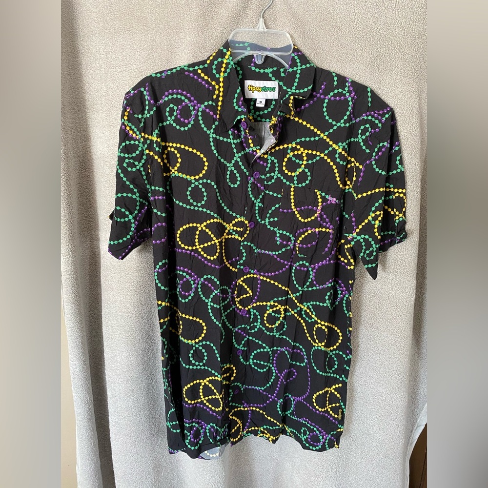 Tipsy Elves Mardi Gras beads short sleeve button down Men's L slim fit